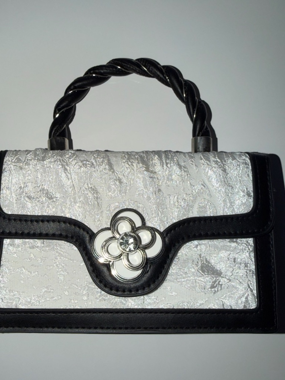 SHEIN Black & Silver Floral-Accent Top Handle Satchel